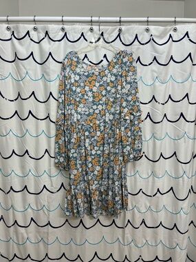 Floral Tiered Long Sleeve Dress in Blue and Mustard